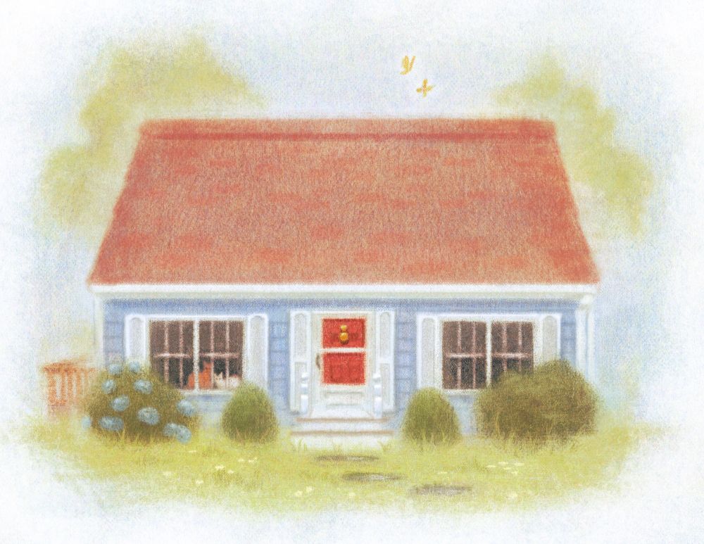 A soft and hazy portrait of a little blue house