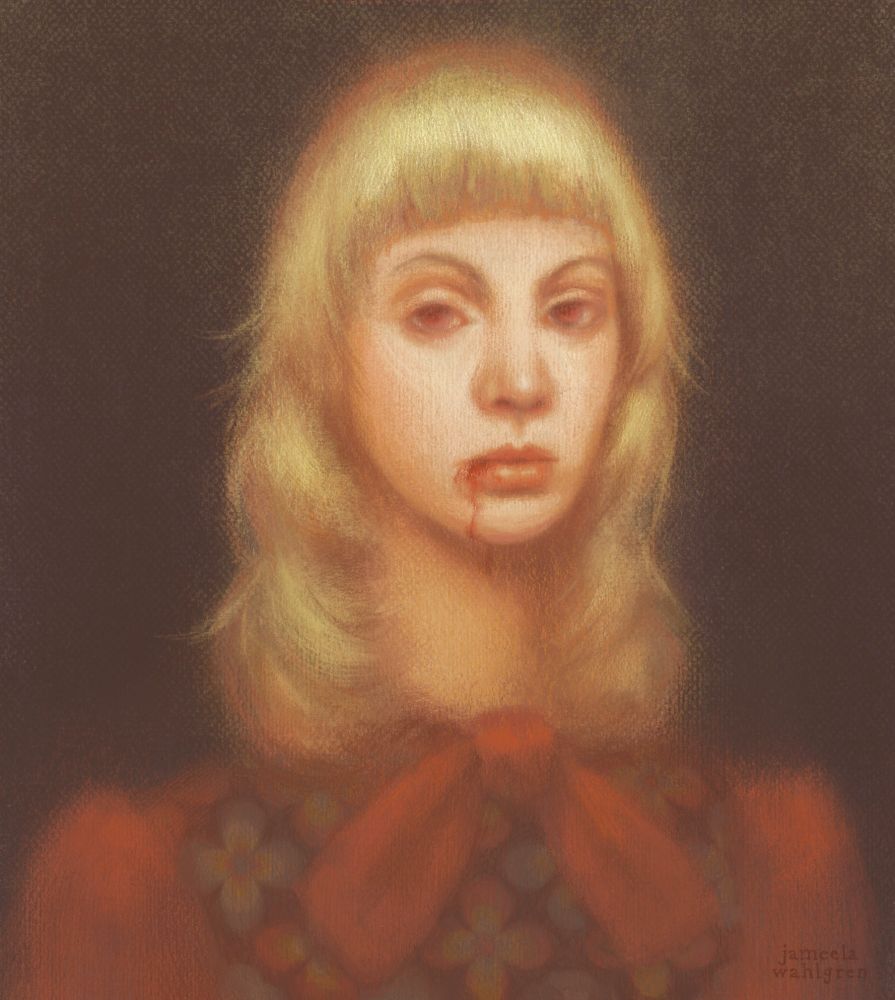 Dark and foreboding portrait illustration of a blonde vampire with 70s hair and outfit