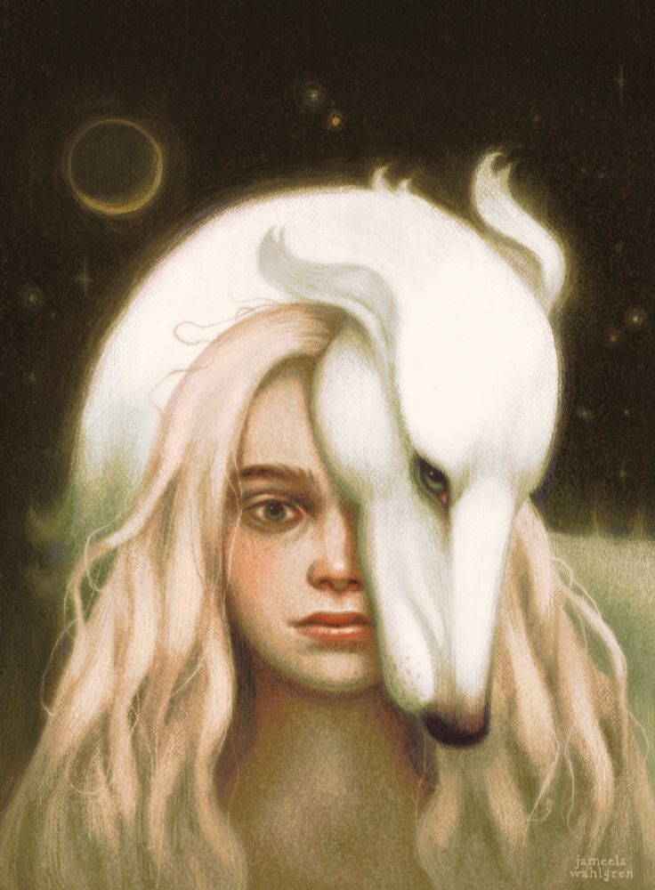 Surreal portrait painting for the book cover of Deerskin, blonde girl with a white dog 