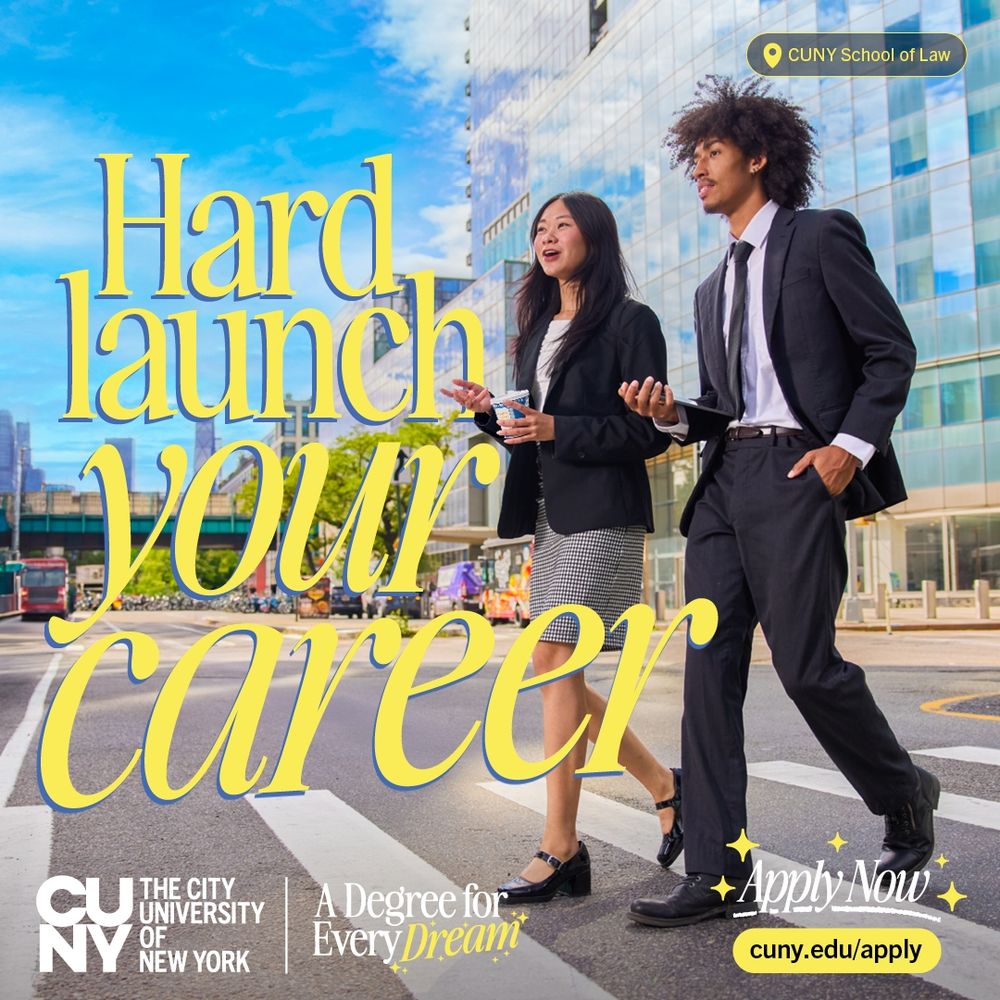 Two people in business attire walk across a city street with modern glass buildings in the background. The image features the text "Hard launch your career" in large yellow letters with additional text with the website cuny.edu/apply.
