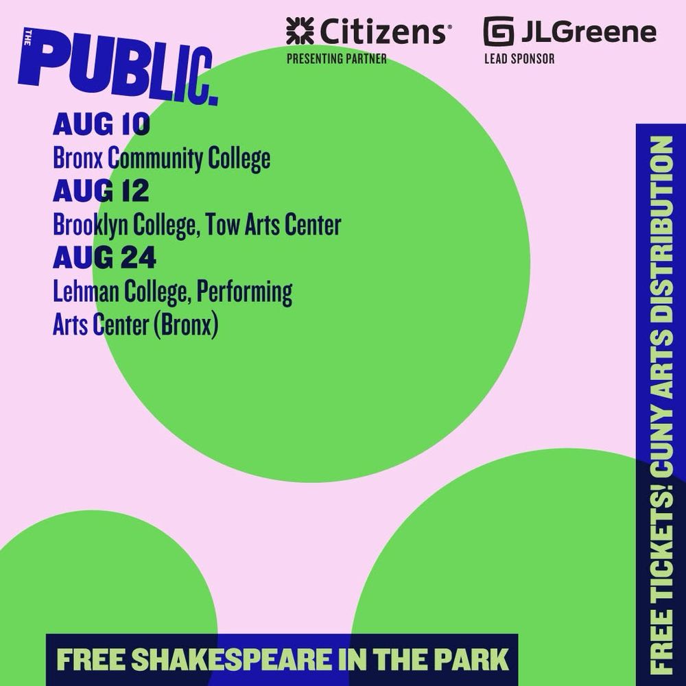 A promotional poster for "The Public" theater's Free Shakespeare in the Park event. It lists ticket distribution dates and locations: August 10 at Bronx Community College, August 12 at Brooklyn College Tow Arts Center, and August 24 at Lehman College Performing Arts Center (Bronx). The background features large green circles on a light purple backdrop. Logos for Citizens (presenting partner) and JL Greene (lead sponsor) appear at the top. A vertical blue banner on the right reads "CUNY ARTS DISTRIBUTION," and a horizontal blue banner at the bottom states "FREE SHAKESPEARE IN THE PARK."