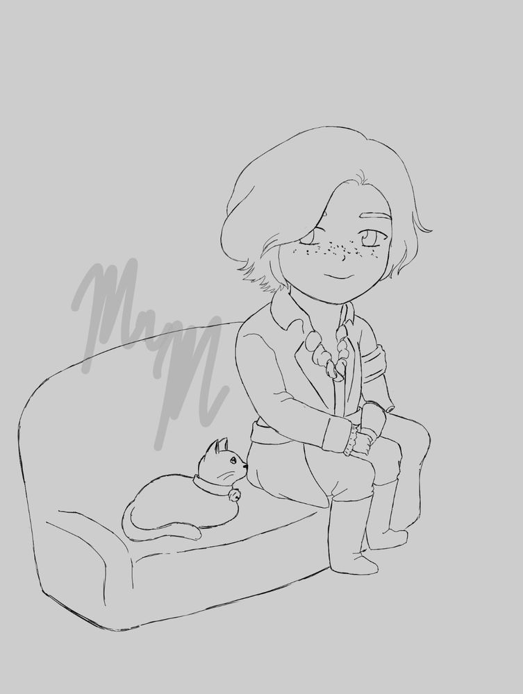 Pinocchio from Lies of P sitting on a sofa with Spring the kitten loafed beside him. He's smiling at her.