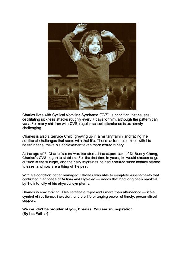 Image of Charles and description of CVS affecting health  and school attendance, now vastly improved through effective treatment 