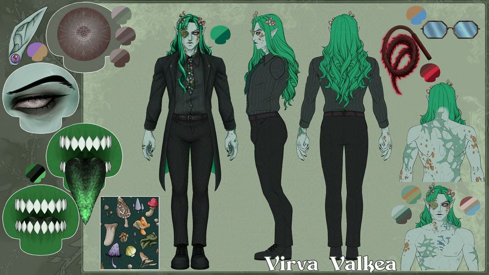 A reference sheet for VirvaValkea, a fungal infested elf with green hair, grey skin and white eyes featuring a front view on the left, a side view in the middle and a back view on the right, plus additional detail windows.  He wears a black Corporate Goth suit with a pinstripe tee, black trousers, black boots, a long coat with bright green inlays and a floral/fungal patterned tie. His right eye is covered in oyster mushrooms. Brown mycena mushrooms and fly agarics grow from his head. The mushroom shaped detail windows on the left show details for his pupils (reddish brown), eye (white with mycelium webbing, black eyeliner, and black eyebrow), tongue (black with green marks) and teeth (white, pointy) shape/colour. A zoomed in ear detail including a purple plug with golden mushroom is placed above. The rectangle shaped detail window on the left shows the mushrooms and florals details of the tie. On the right there's details for brass glasses with blue tinted shades and a thorn whip inspired by DnD in dark wood and red light. Below are nude but non-suggestive torso closeups from the front view and the back views of him, showcasing is fungi and lichen across hyphaes body.