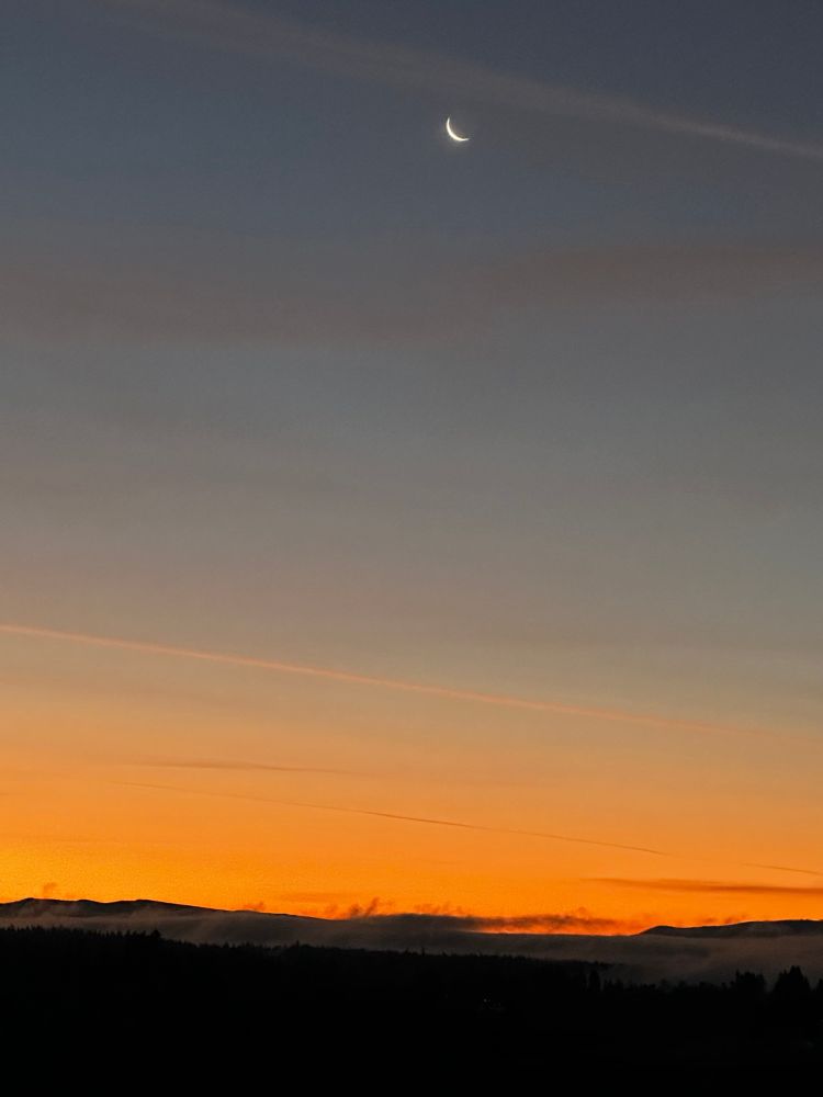 Moon at sunrise. Dark landscape below, orange sky, pale blue sky turning darker at top, some gray-white thin clouds scattered about, with a sliver of the moon illuminated center right top. 