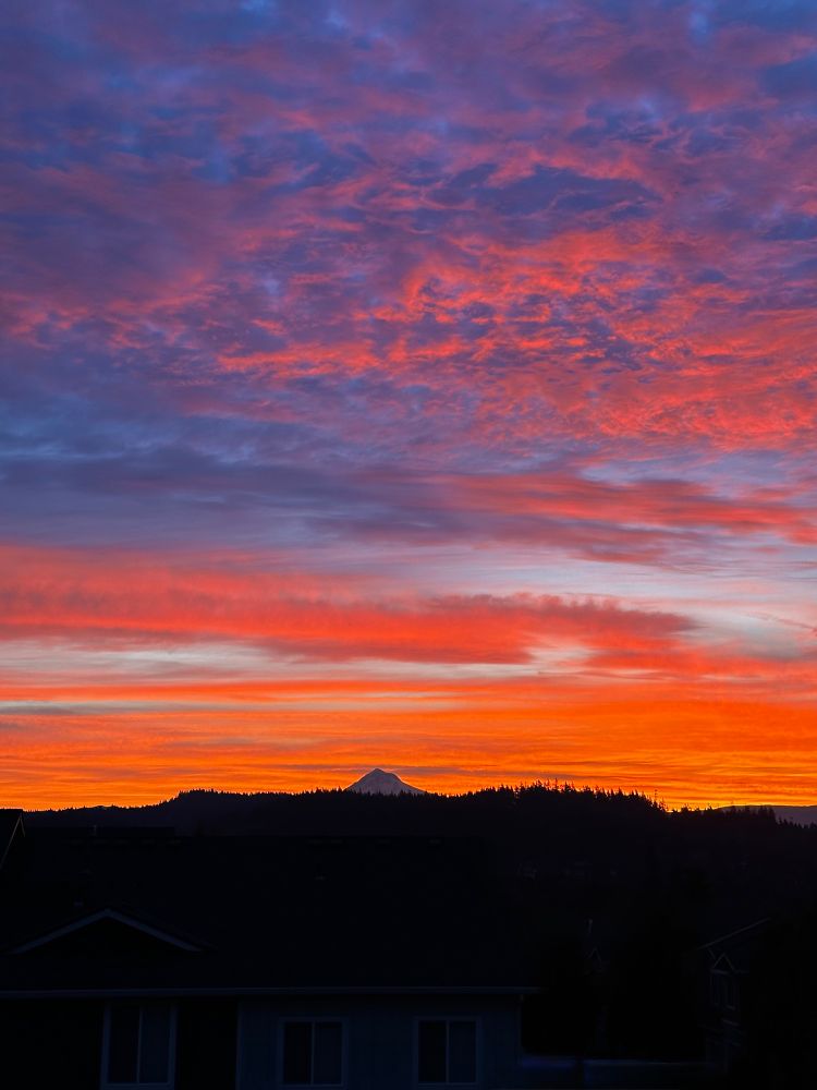 Sunrise. Mt. Hood. Dark conifer trees and landscape including Mt. Hood in the far distance, illuminated layers of orange-yellow clouds, purple-blue sky, with reddish-orange clouds scattered above.