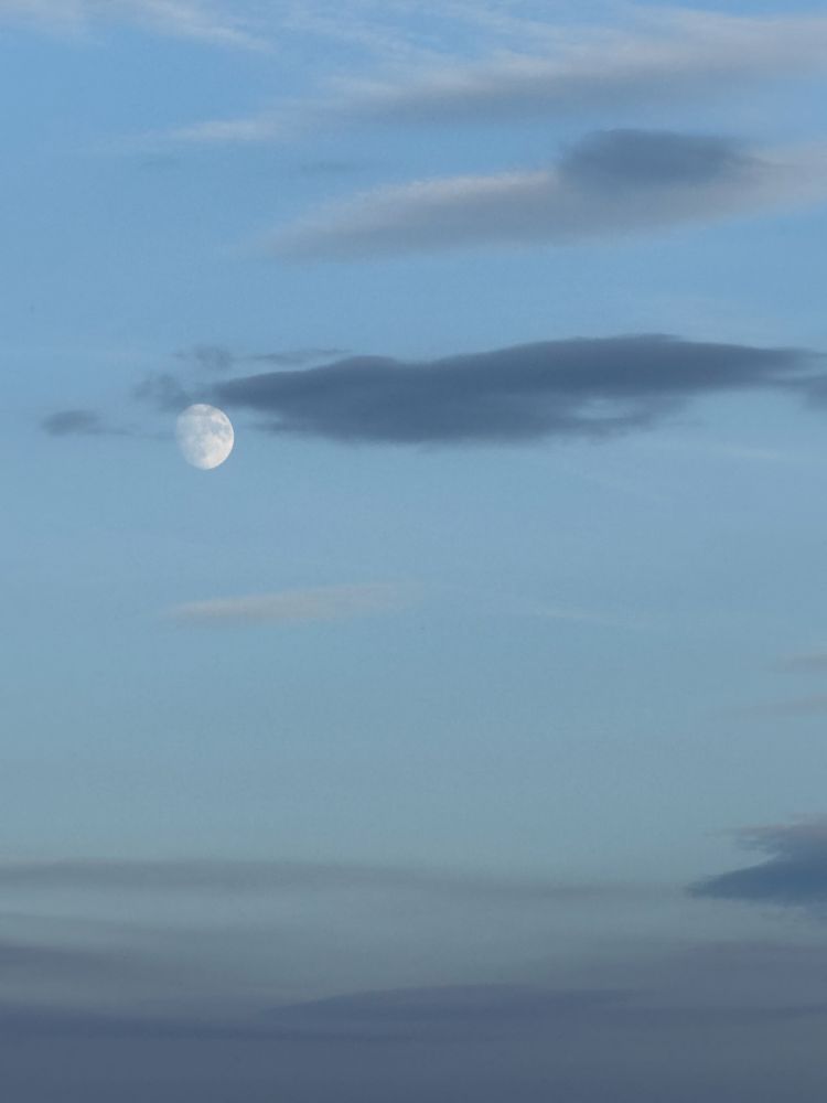Moonrise. Band of dark gray semi translucent clouds, blue sky, the moon center left with a huge dark gray cloud right, topped with blue sky and white clouds.