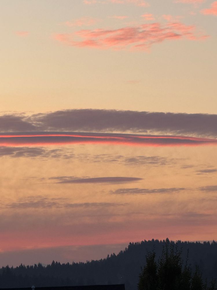 Sunrise. Dark curved landscape, with layers of purple-gray-red clouds and sky, illuminated band of red-gray clouds, creamy sky, red wispy cloud above.
