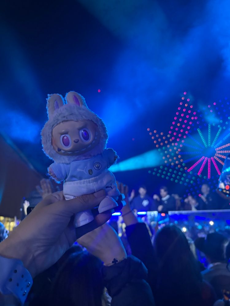 lucky labubu in a man city kit in front row of a chainsmokers set. spoiled. 