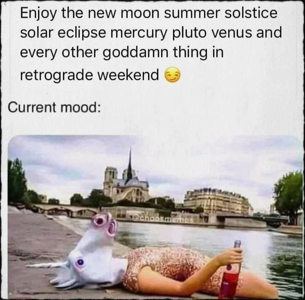 Text: enjoy the new moon summer solstice solar eclipse mercury Pluto Venus and every other goddamn thing in retrograde weekend

A person wearing a unicorn head and a gold coloured jumpsuit lying on the banks of a canal with their legs going into the water clutching a bottle with red liquid in it