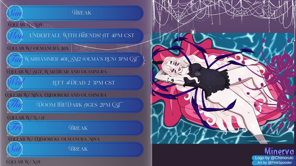 Sunday: Break
Monday: Undertale with Friends at 4PM CST with Olmanura and Jax
Tuesday: Warhammer 40K Space Marines 2 with Olmanura and Sgt_War_Bear
Wednesday: Left 4 Dead 2 3PM CST
Thursday: Doom the Dark Ages 2pm CST
Friday: Break
Saturday: Break