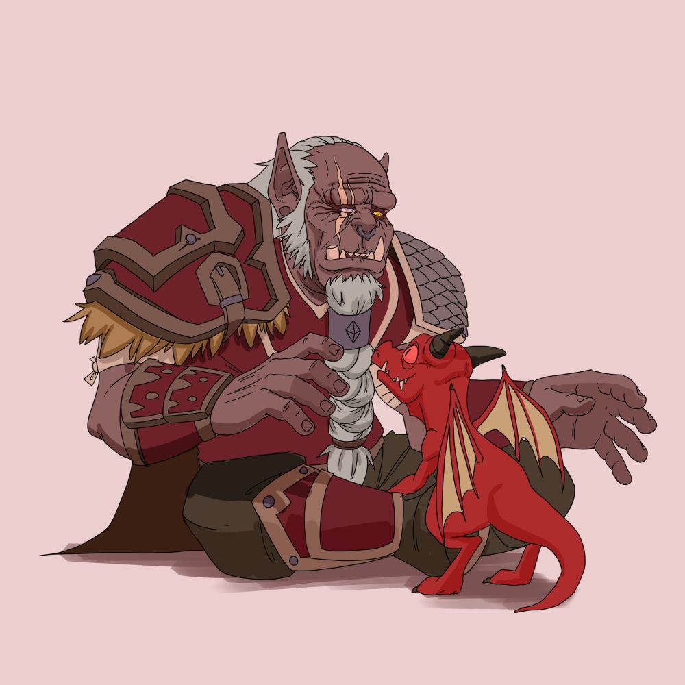 An half blind orc named Duroz Scaletaker sits on the ground sadly as a baby dragon happily climbs into his lap. 