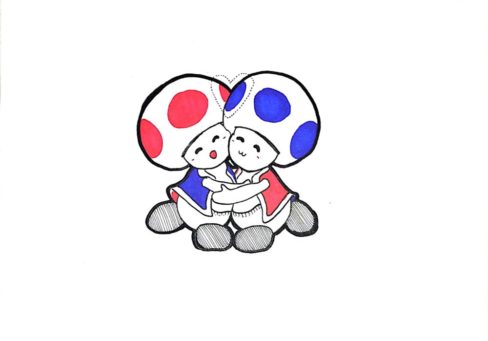 Two Toads from the Super Mario franchise hugging each other.