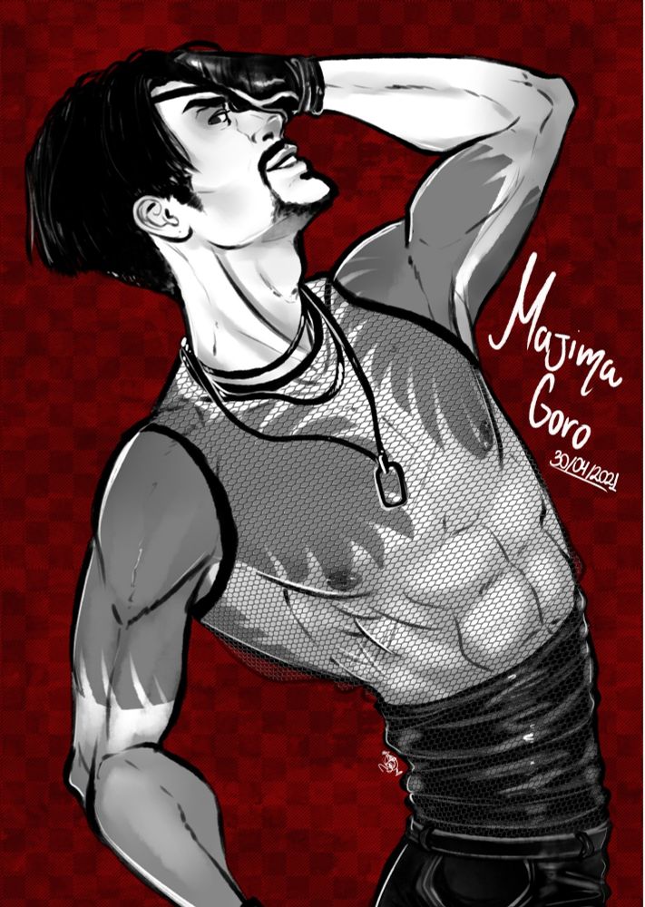 Video game character from the Like a Dragon! Franchise from SEJA, Majima Goro, posing with a hand on his hair while wearing high waisted leather pants, leather gloves, and a mesh shirt with a loose necklace. Same as the other image, but here, he's got his signature goatee instead of being clean-shaven.