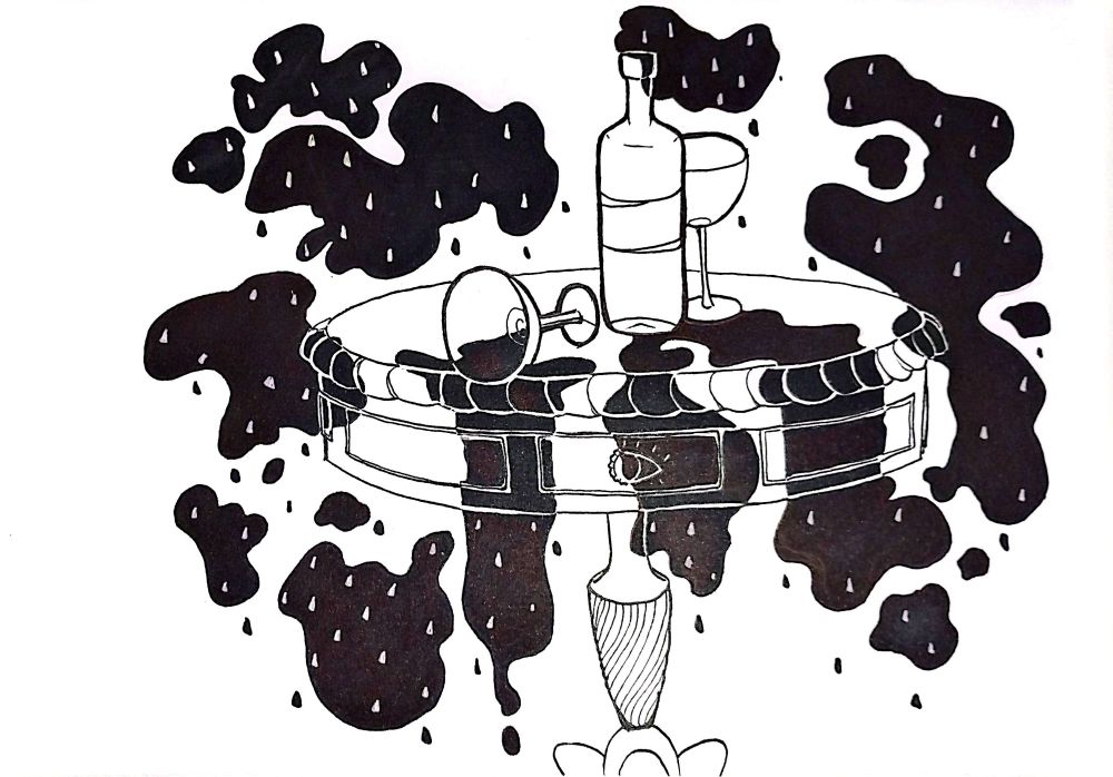 A chic, elegant end-table with a bottle of wine and two wine glasses on top. One glass is tipped over and spilling leftover wine. Around the table are masses of floating, spilled wine.