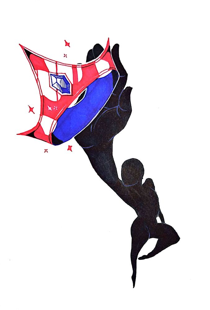 A person reaching up to grab a crown with 5 peaks and a big gemstone in the middle.