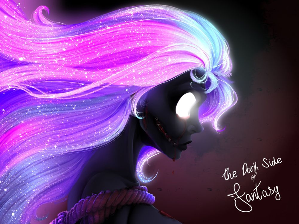 A woman with long, full, flowy hair looking slightly down, turned to the right, with sutures on the side of her mouth and ropes wrapped around her collarbones and shoulders. Her eye is bleeding.