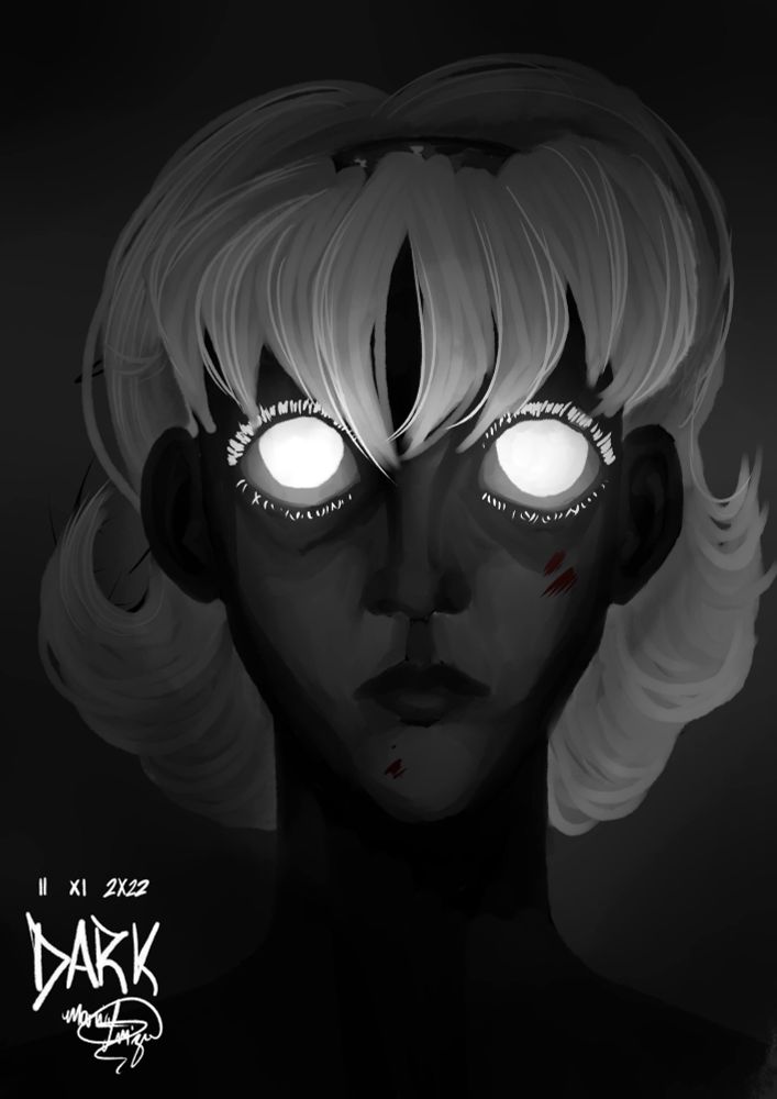 A woman with very wide eyes staring. There is a little blood splattered on her left cheek. "Dark" is written.