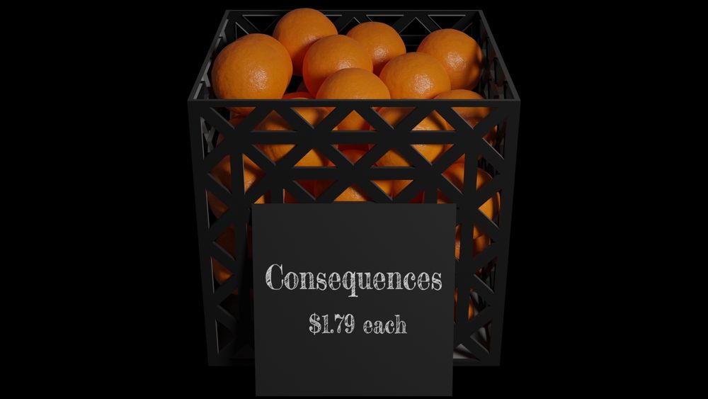 A crate of oranges. It's labeled "consequences".

Consequences, only $1.79 apiece!