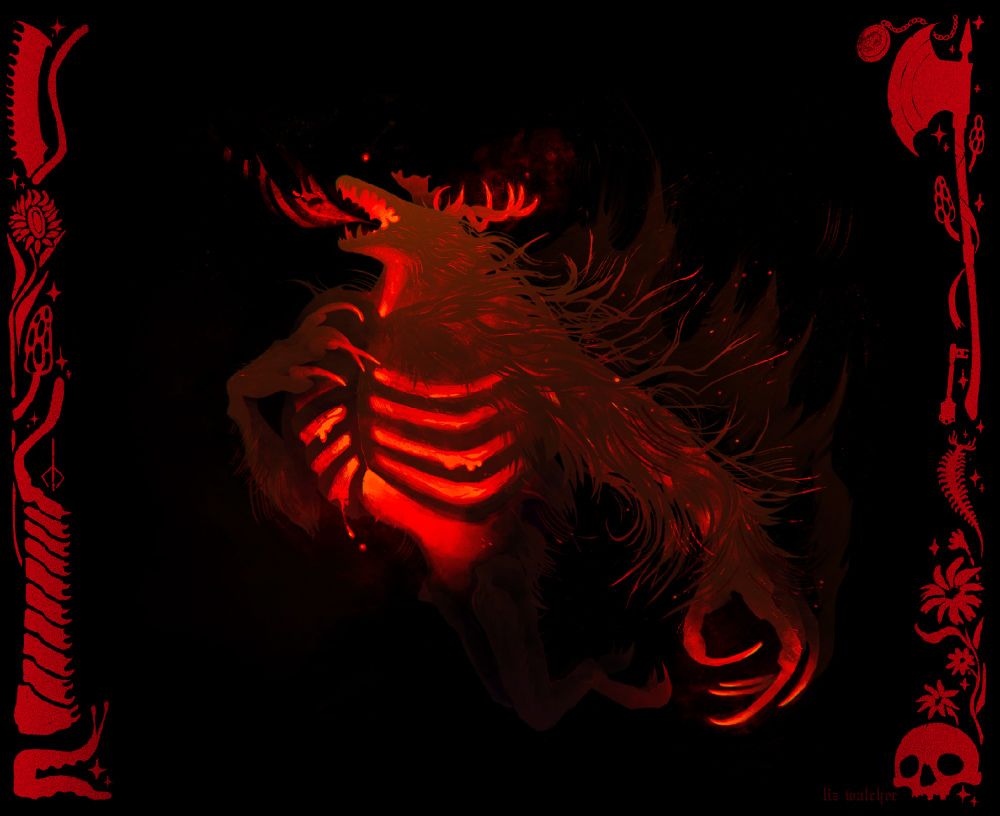Fan art of the Bloodborne boss "Laurence, the First Vicar." He is red against a black background, staggered on his knees as if he might fall over, with molten lava blood dripping from his glowing ribcage. There are borders on the left and right of the painting featuring Hunter's weapons and other items from the game, silhouetted in red.
