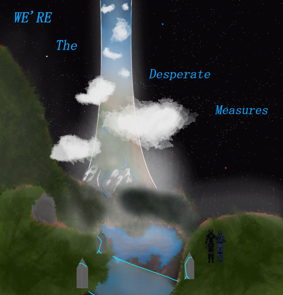Two men suited up in sifi armor, one blue one back white accents, stand small scale on a clif bottom right corner. they are over looking a view of green grass cliffs, blue waters and land mass above them. all inside a ring with clouds floating in the middle. around the edges of this ring is the black expanse of space flecked with stars