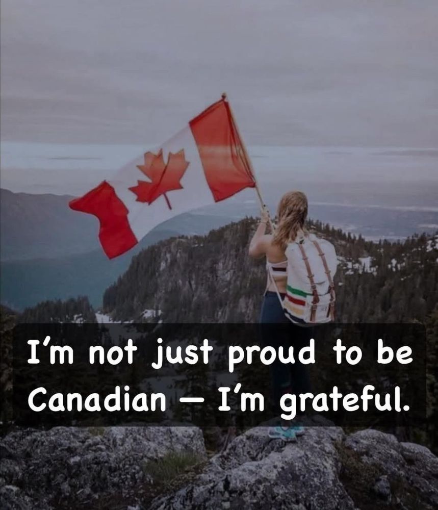 Woman waving Canadian flag with text I'm not just proud to be a Canadian, I am grateful. 