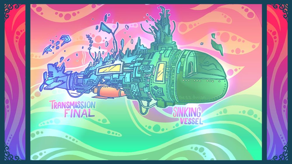 decrepit, disintegrating green-blue submarine floating amidst a swirl of red and green