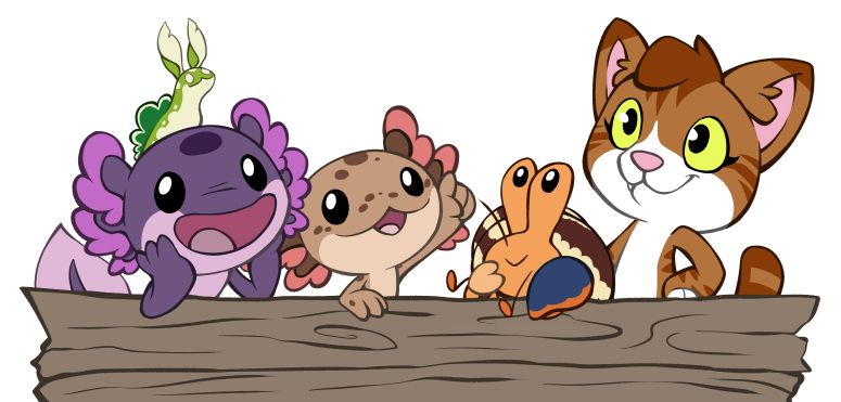 Five cartoon animals are peeking over a tan driftwood log and looking up at an announcement. Left to right are: Steve (a purple axolotl) rests his elbows on the log and has a big smile. Crouton (a lettuce slug) sits atop Steve's head. Pretzel (a brown axolotl with many spots and pink gills) points up at the announcement. Blue (an orange hermit crab with a blue claw) smiles up with her smaller claw under her chin. Finally, Shay (a brown striped tabby) smiles up with one paw on her hip.
