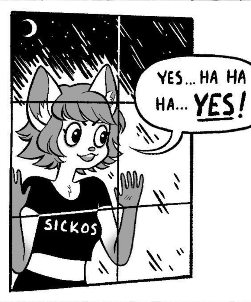 Mouse girl looking in a window, her shirt reads “sickos” with a word bubble that says “yes… ha ha ha.. YES!”