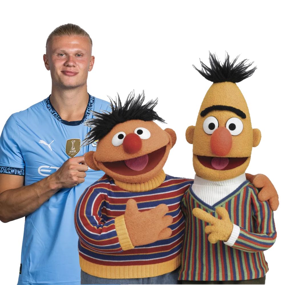 Erling Haaland, alongside Bert & Ernie, on a white background