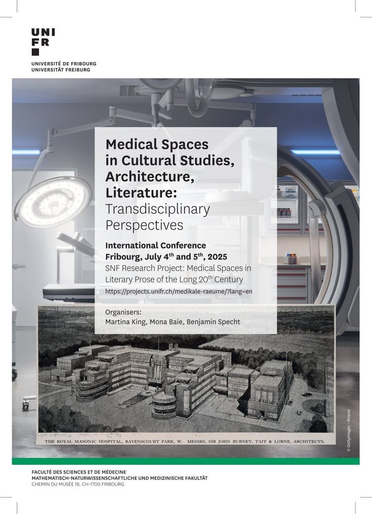 Poster for an international conference on "Medical Spaces in Cultural Studies, Architecture, Literature" (4th and 5th July, 2025), featuring event details and a grayscale architectural illustration.