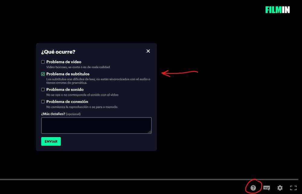 Captura de Filmin con una interrogante al fondo abajo y un cuadro de errores abierto.