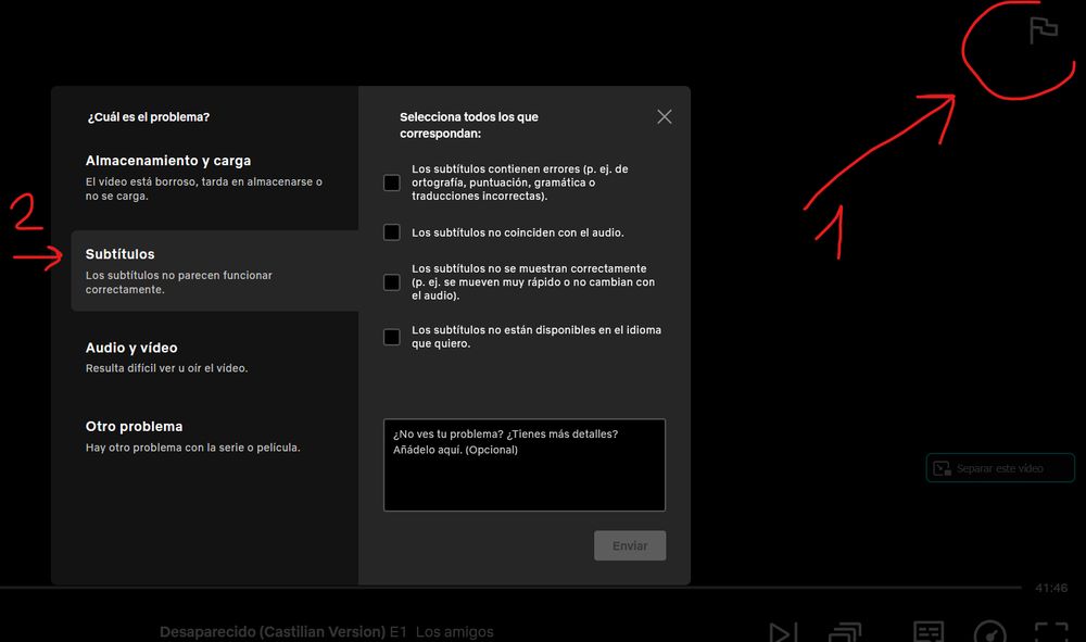 Captura de Netflix con la bandera para enviar errores y los tipos de errores. 