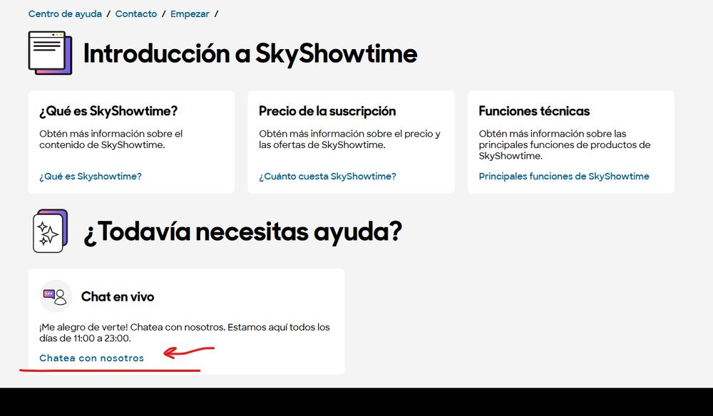 Captura de la página del centro de ayuda de Sky. Seleccionas Contacto>Empezar y, al final de la página, "chat en vivo".