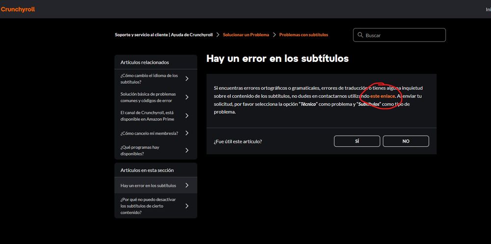 Captura de la página de Crunchyroll para avisar de errores de subtítulos