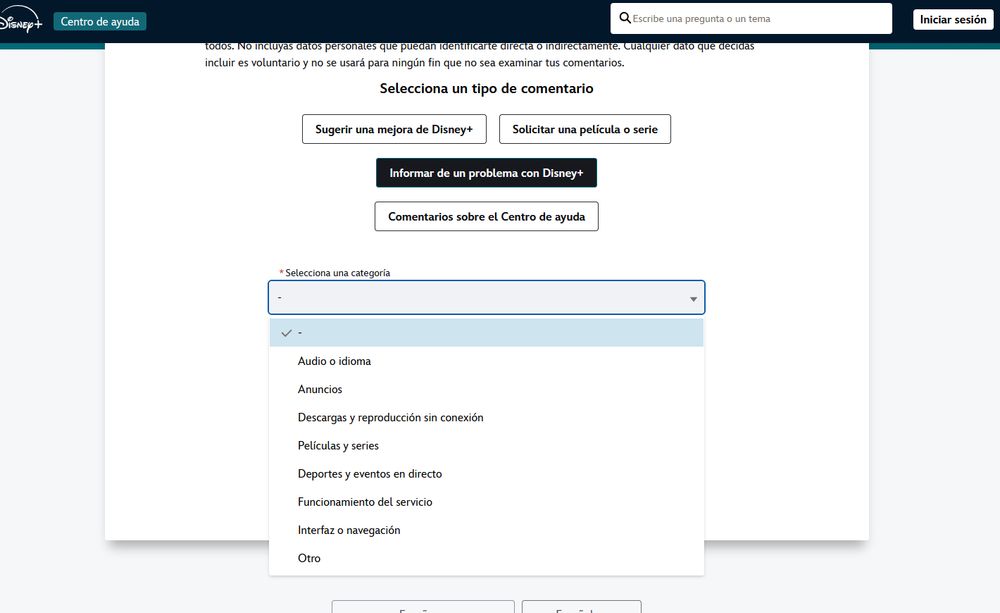 Captura de la pantalla del centro de ayuda >formulario de comentarios. Eliges "informar de un problema" y, luego, cualquier categoría para explicar el problema con los subtítulos.
