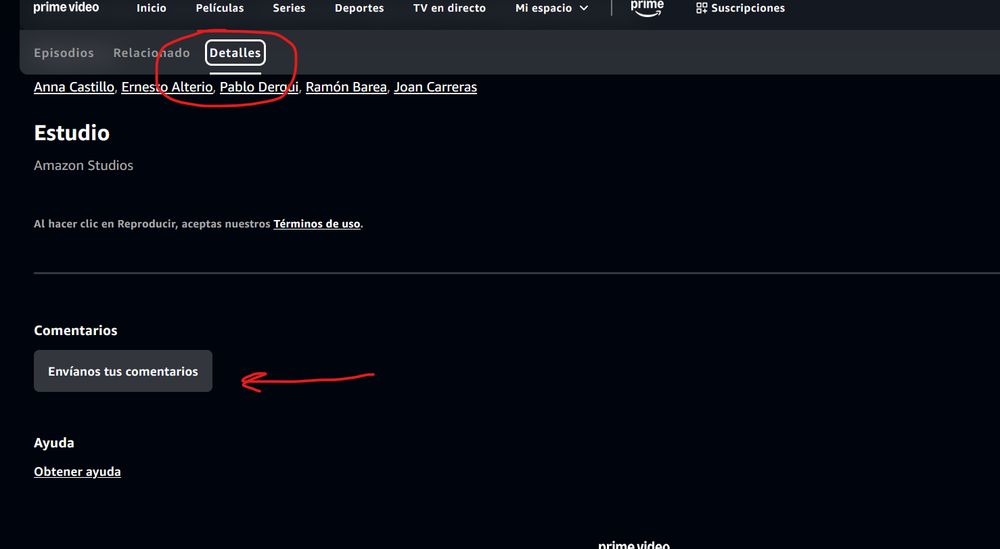 Pantalla de un título en la plataforma Prime Video desde el PC. Al hacer clic en "detalles", se abre más información sobre cómo enviar comentarios. Con esta opción no recibirás copia de la queja, por eso opto por otras opciones