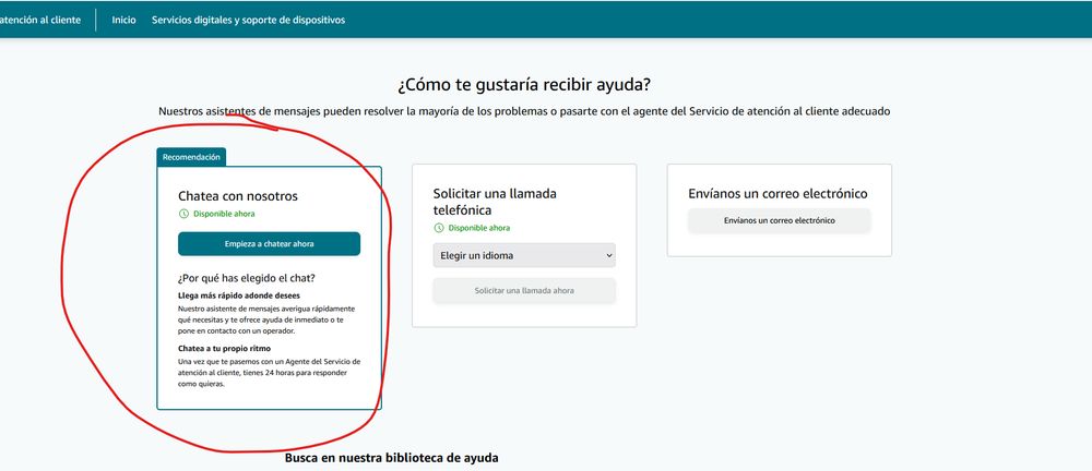 Captura de la página de atención al cliente. Le das a Prime video y te ofrece varias opciones de contacto. Yo opto por el chat, que te lo puedes reenviar al correo