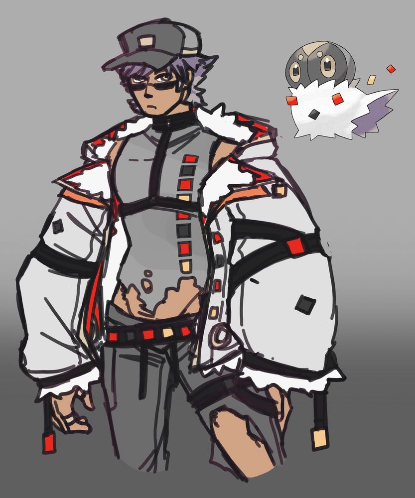 A knee-up sketch of a character meant to resemble Spewpa from Pokémon in design. He is turned to our left, in a ripped grey shirt and ripped grey sweats, decorated in many belts and an oversized white jacket with fur lining. He has a baseball cap covering slightly messy purple-grey hair.