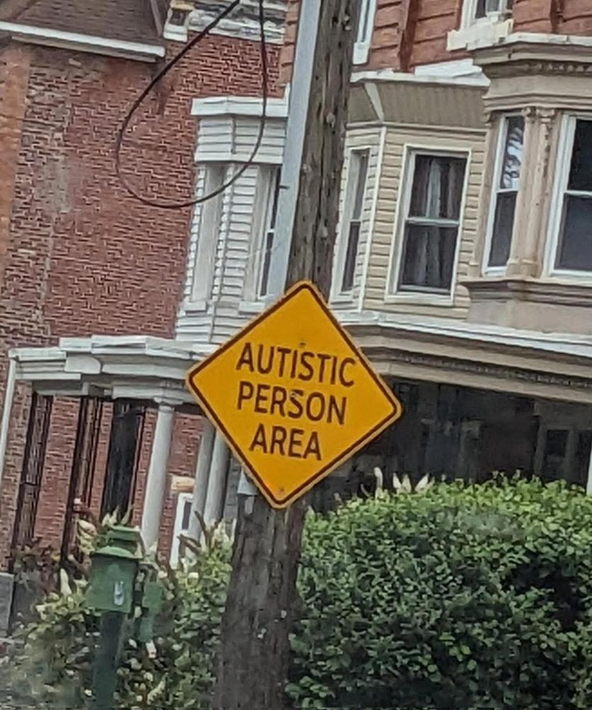 A yellow diamond shaped traffic sign with black letters and the message autistic person area.