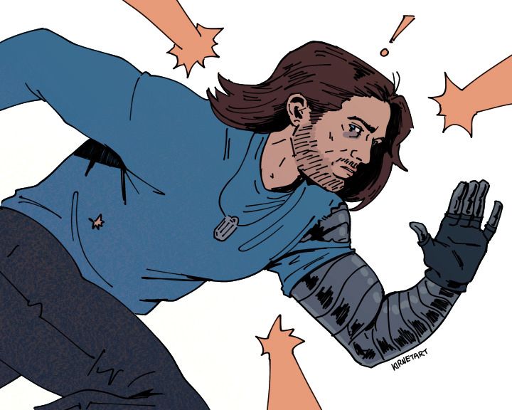 A digital drawing of Bucky Barnes running to the right, dodging stylized gunshots. He wears a blue long sleeve shirt that is torn around his metal arm.
