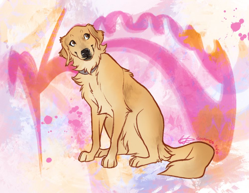 A colored sketch depicting a cartoon-style golden retriever. Her name is 'Kenny'!