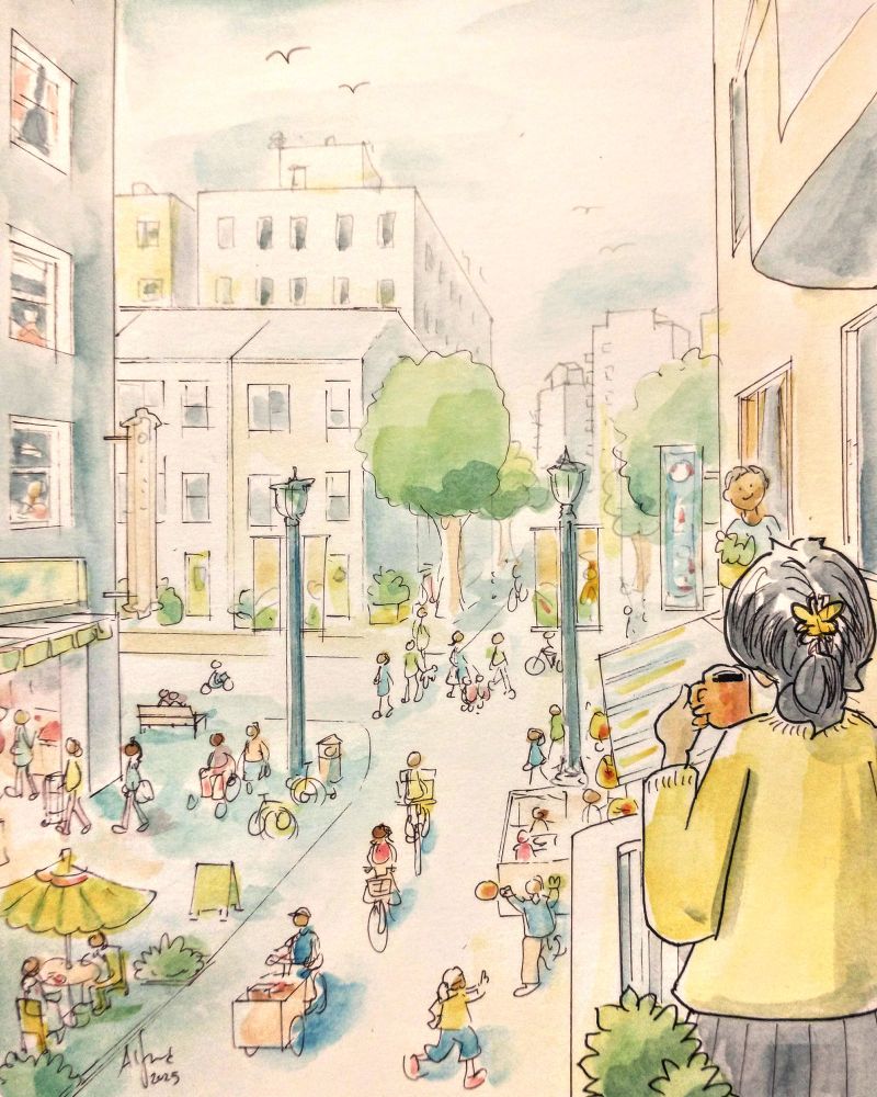 Watercolor and ink drawing of a city street. The point of view is from a 2nd story balcony. At the lower right, a person holds a coffee cup and looks towards a neighbor in the window in the next apartment over.

The street has apartment buildings on both sides with shops on the ground floor. In the background is more housing, including 3-story townhouses, and taller buildings. There are trees and streetlamps along the street, and birbs in the sky.

The street is closed to cars and has bikes and people walking through it, as well as kids playing ball.  There is an extra wide sidewalk with benches, bike parking, and a sidewalk cafe with umbrella.  