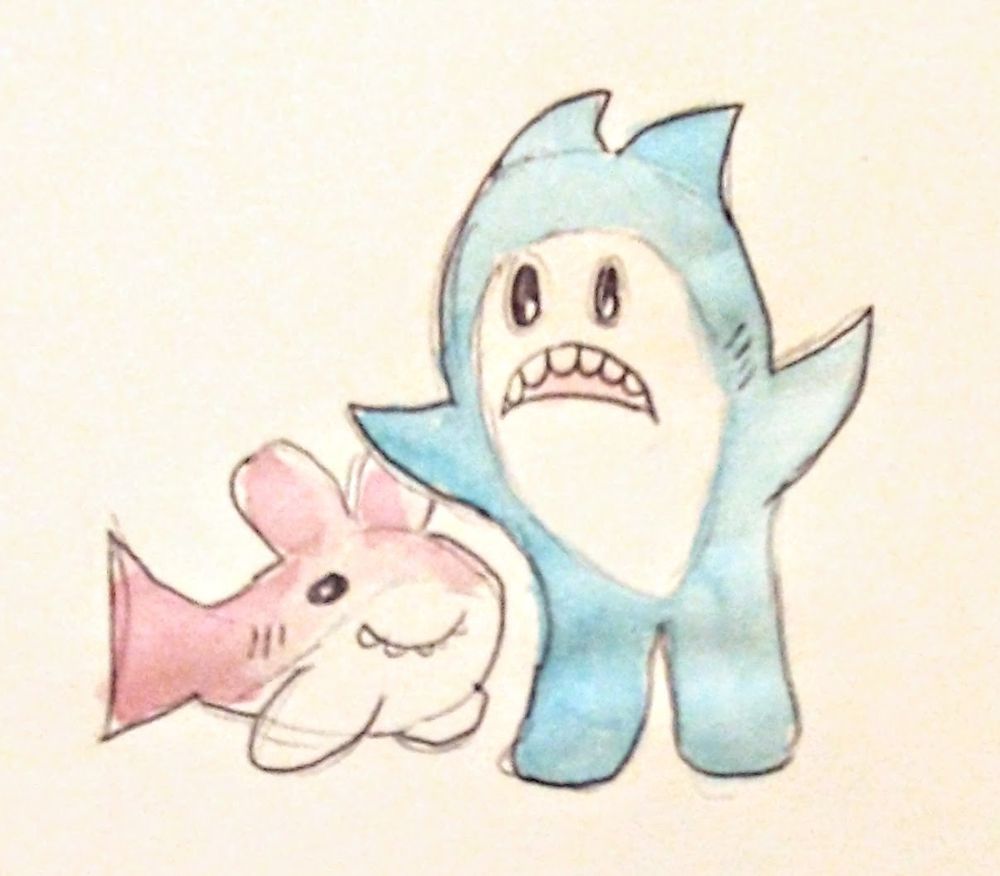 watercolor sketch of a couple of critters, one looks like a small pink shark but with rabbit-like ears and front legs, with a grin showing teeth.  The other is a blue critter that looks like a shark but with two fins on its head, two side fins like a normal shark, and hind legs that it is standing upright on.  It has forward-facing eyes and an open mouth showing teeth.