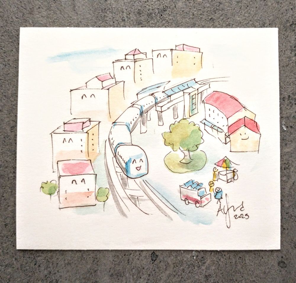 Watercolor drawing of a happy BART train passing by apartment buildings with smiley faces and a park with food trucks and stands