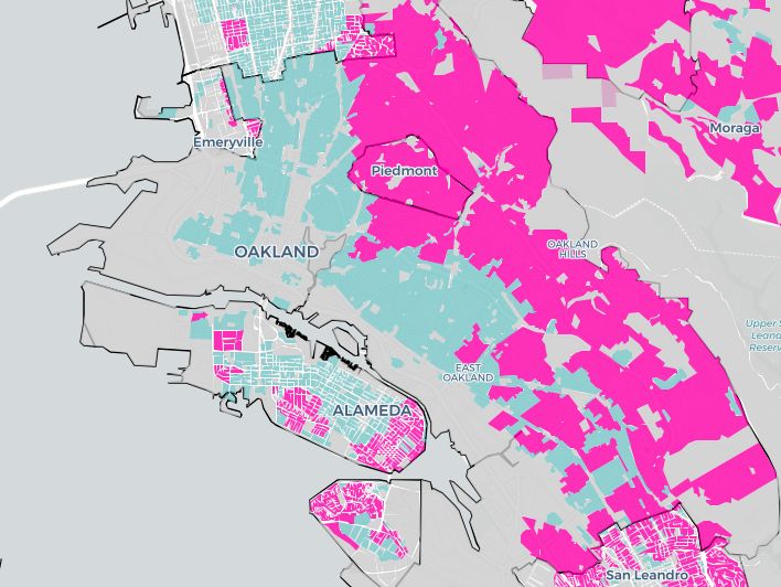 Zoning map of Oakland showing pink for single family zones, blue for multifamily, gray for mixed use and commercial or industrial. The pink area is to the east, mostly between Temescal/Rockridge and I-580 as dividing line.