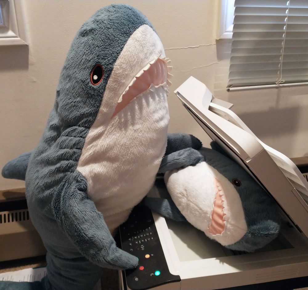 A large blahaj putting a small blahaj on a copier