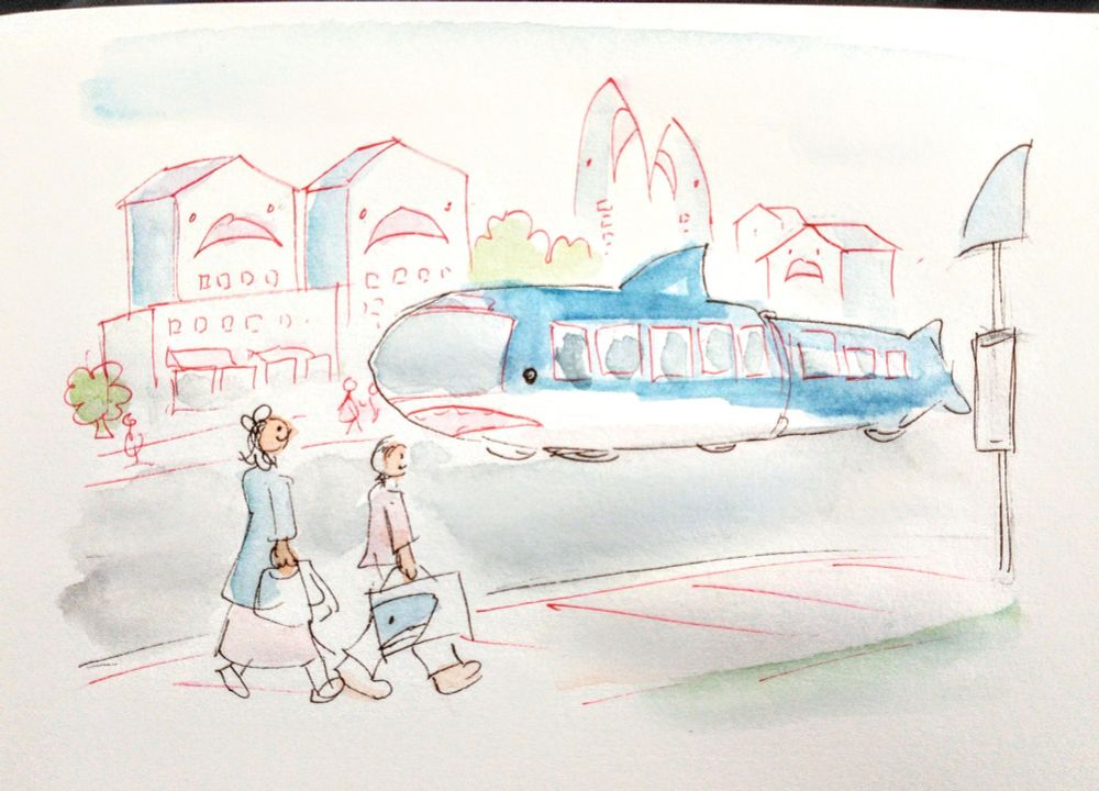 Watercolor sketch of a bendy bus that looks like a blahaj blue shark, in a city where the buildings have shark faces and a couple vertical shark shaped skyscrapers. One of the two people has a shopping bag with a shark picture on it. The bus stop sign has a shark fin