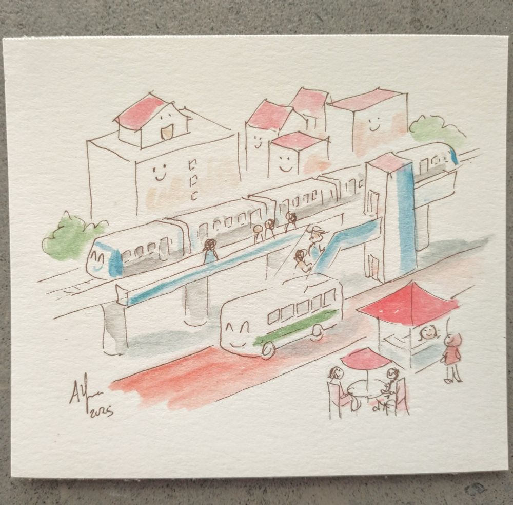 Drawing of a bus in a bus lane at a bart station with a sidewalk kiosk cafe and apartments around it