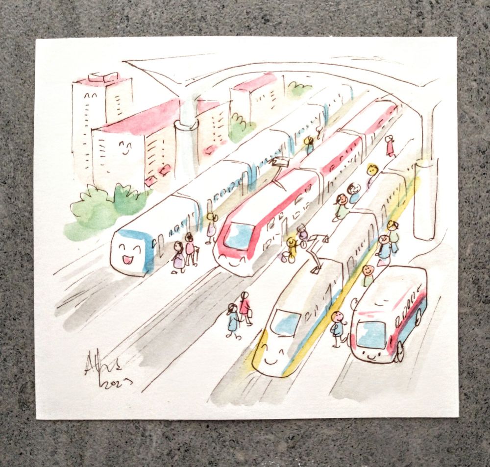 Watercolor drawing birds eye view of a train station with Bart, Caltrain, high speed rail, and a samtrans bus